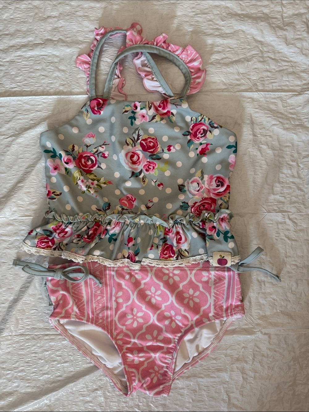 Cheeky Plum 4T Girls Pink & Blue Floral polka dot Ruffle Tankini - Kids Swim